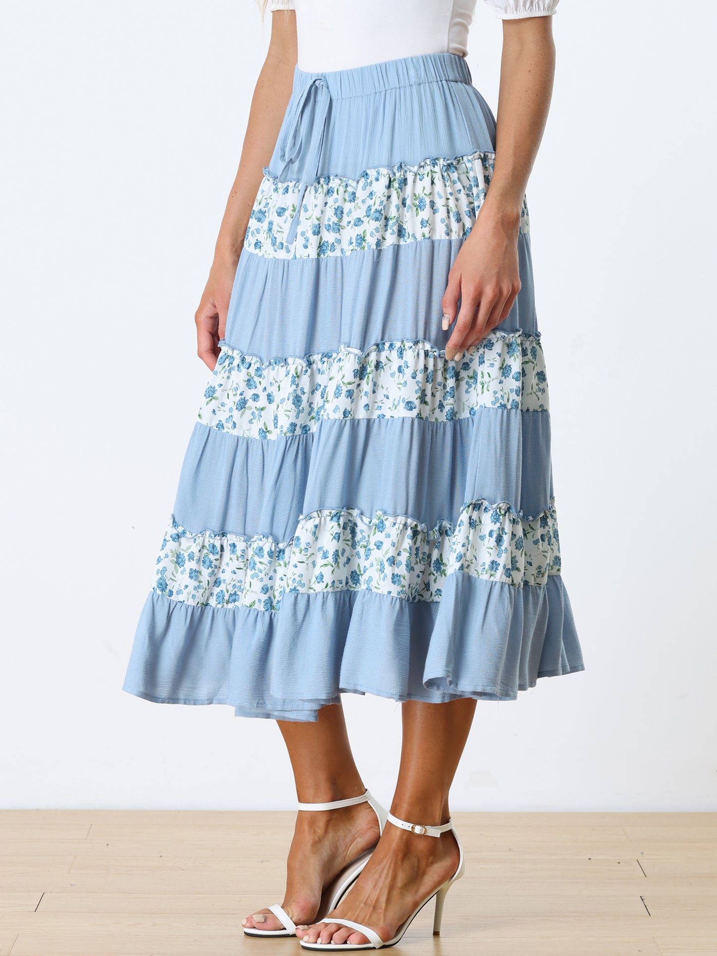 Falda midi floral de verano para mujer, cintura elástica, color contrastante, informal, estilo bohemio con capas