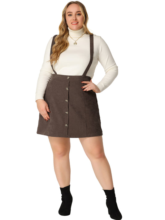 Women's Plus Size Overalls Skirt Button Up Flare A-Line Corduroy Mini Suspender Skirt