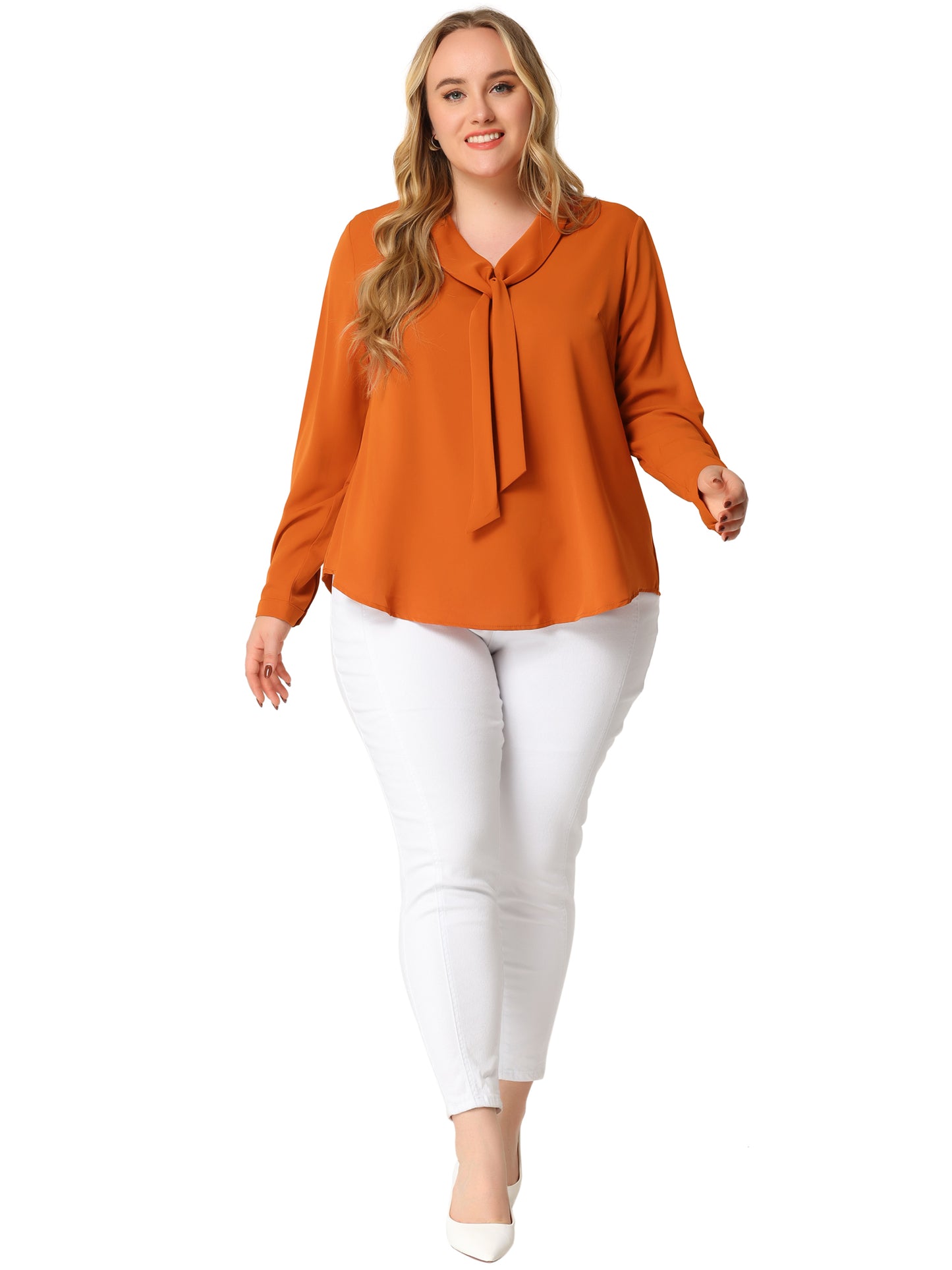 Women Plus Size Work Tops Elegant Long Sleeve Tie V Neck Chiffon Office Blouse