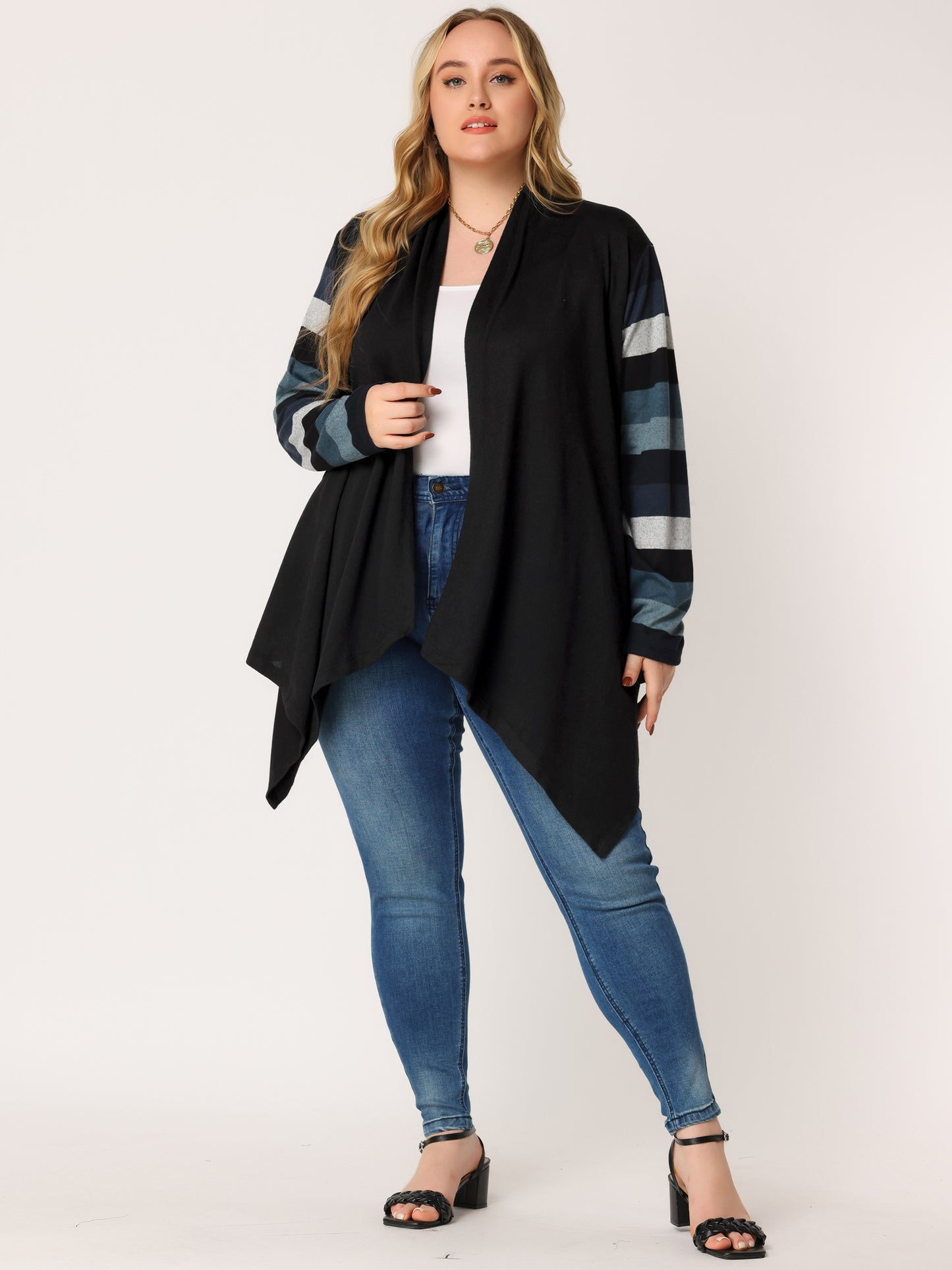 Women's Plus Size Cardigan Duster Open Front Long Sleeve Lightweight Stripe Splicing Long Cardigan