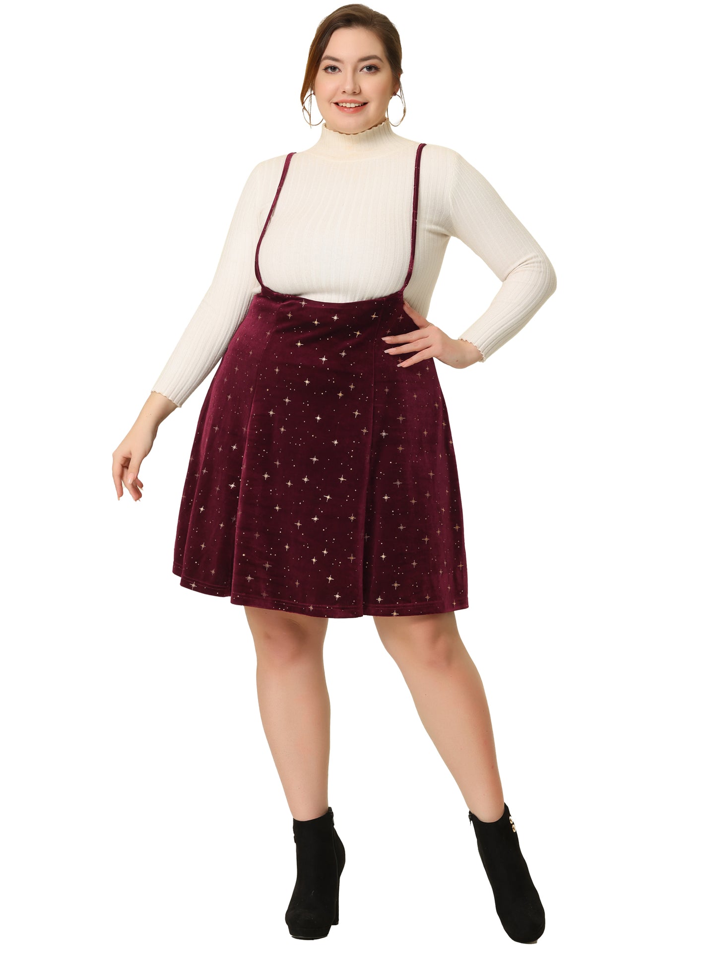 Faldas patinadoras de terciopelo de talla grande para mujer, acampanadas, doradas, metálicas, brillantes, con tirantes y estrellas.