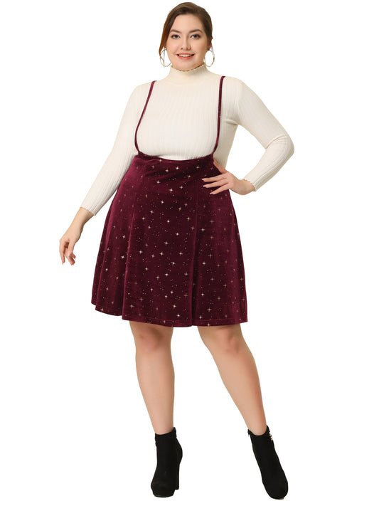 Women Plus Size Velvet Skater Skirts Flared Gilding Metallic Shiny Star Suspender Braces Skirt