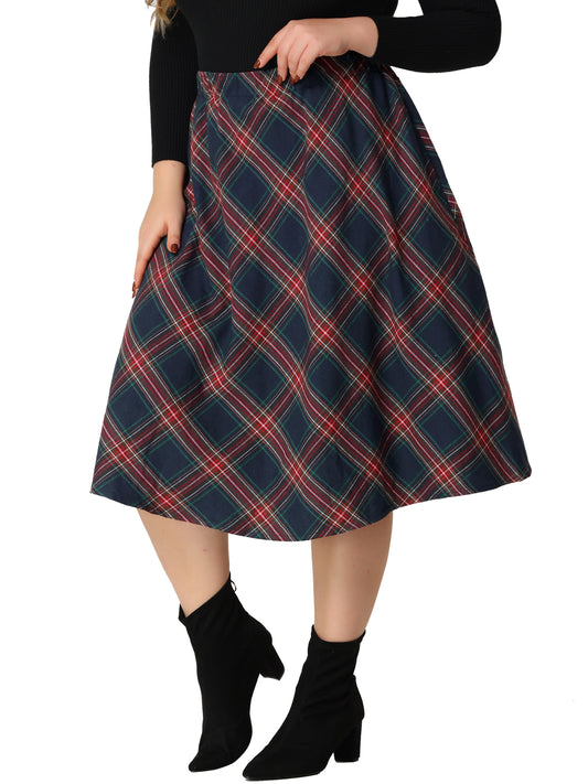 Falda vintage de talla grande para mujer, corte A, estampado a cuadros, acampanada, elástica, cintura alta, midi