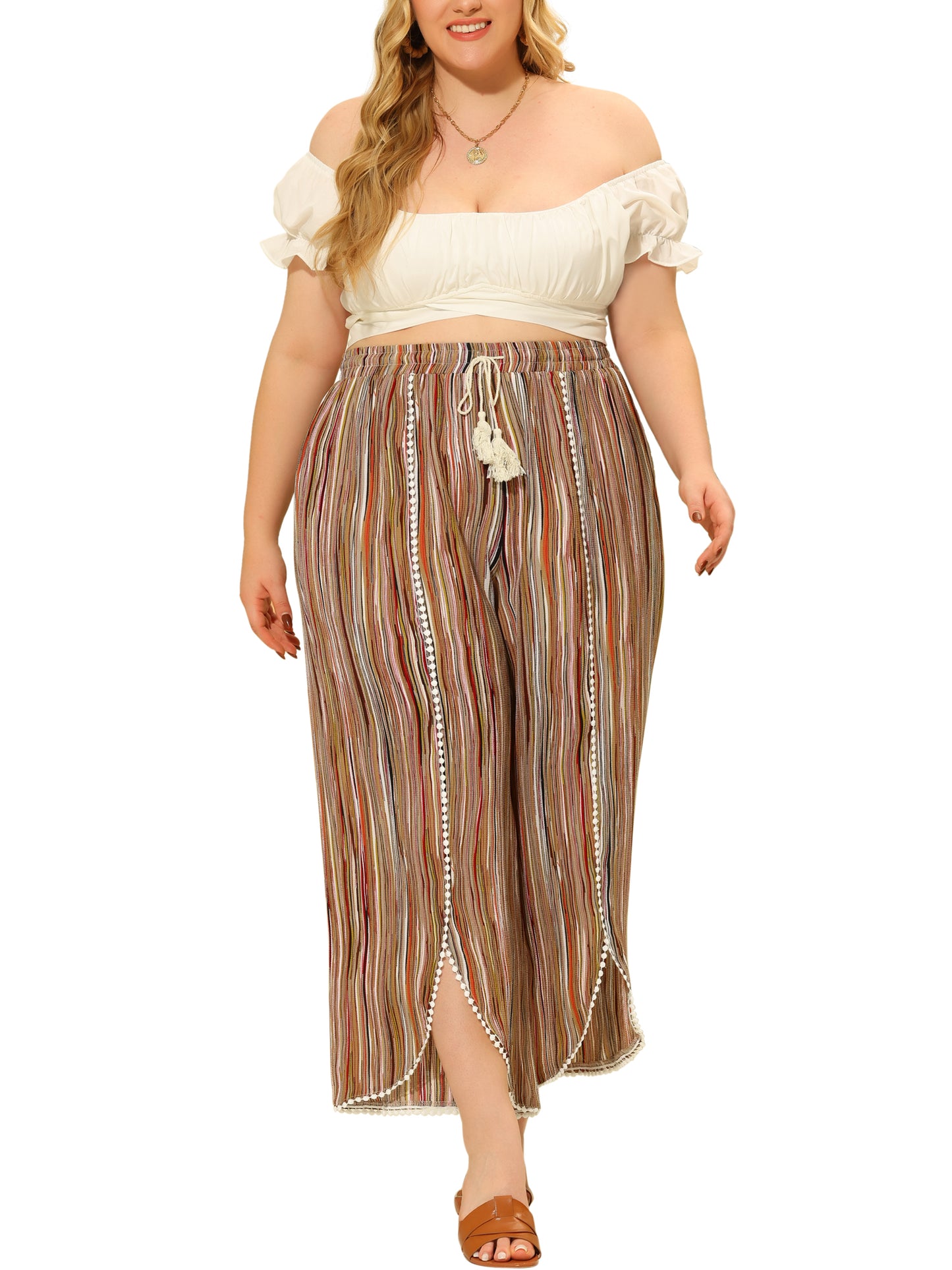 Women Plus Size Split Elastic Waist Flowy Striped Wide Leg Pants