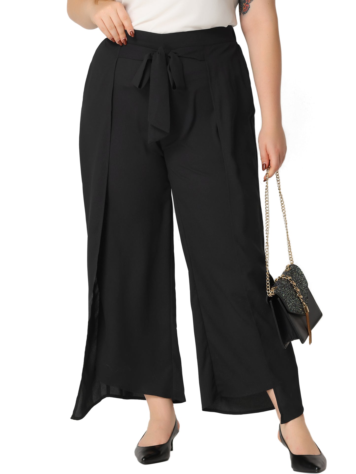 Women Plus Size Chiffon Palazzo Pants High Waist Tie Front Split Flowy Wide Leg Pants