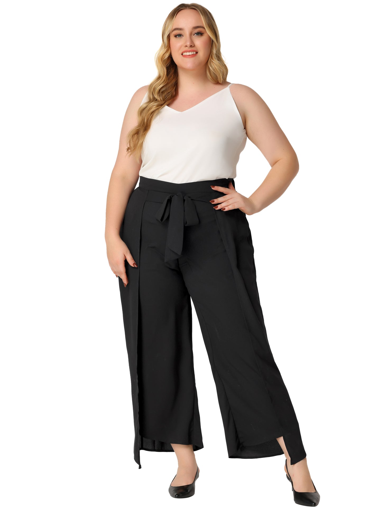 Women Plus Size Chiffon Palazzo Pants High Waist Tie Front Split Flowy Wide Leg Pants