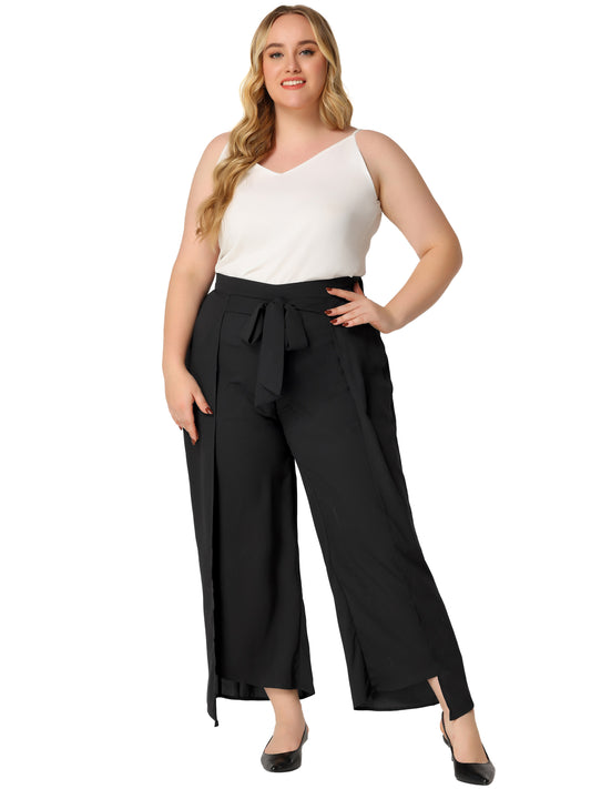 Women Plus Size Chiffon Palazzo Pants High Waist Tie Front Split Flowy Wide Leg Pants