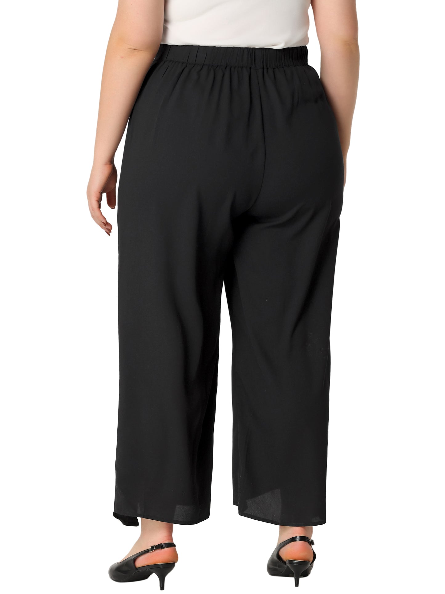 Women Plus Size Chiffon Palazzo Pants High Waist Tie Front Split Flowy Wide Leg Pants