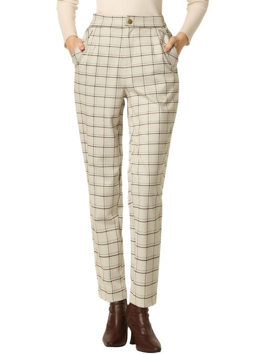 Women's Retro Tartan Plaid Pants Elastic Waist Straight Long Trousers