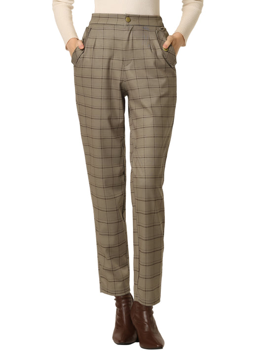 Women's Retro Tartan Plaid Pants Elastic Waist Straight Long Trousers