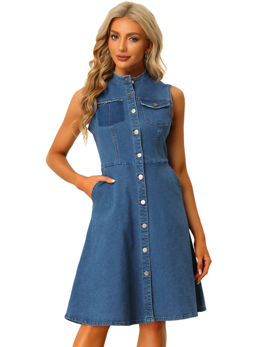 Women's Casual Denim Dress Button Down Sleeveless A-Line Midi Dress with Pockets