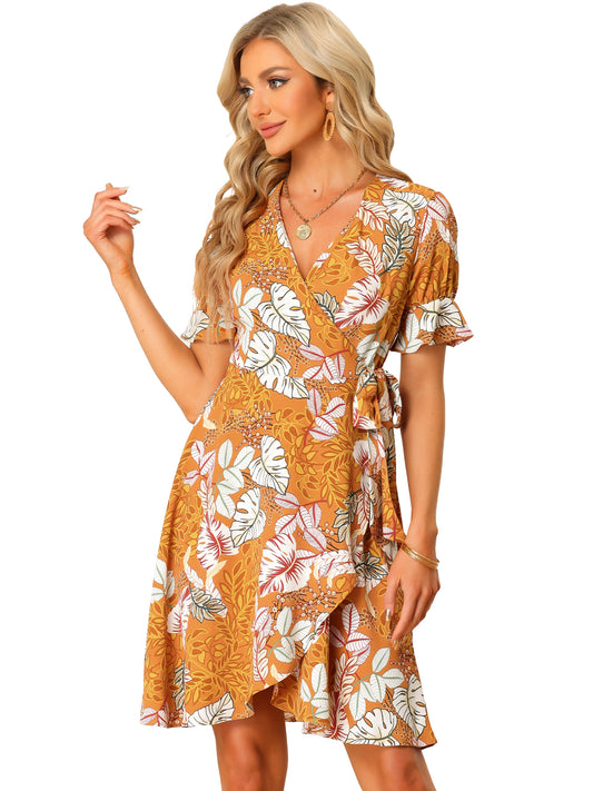 Women's Boho Floral Dress Tropical Tulip Hem Puff Sleeve Tie Wrap Dress