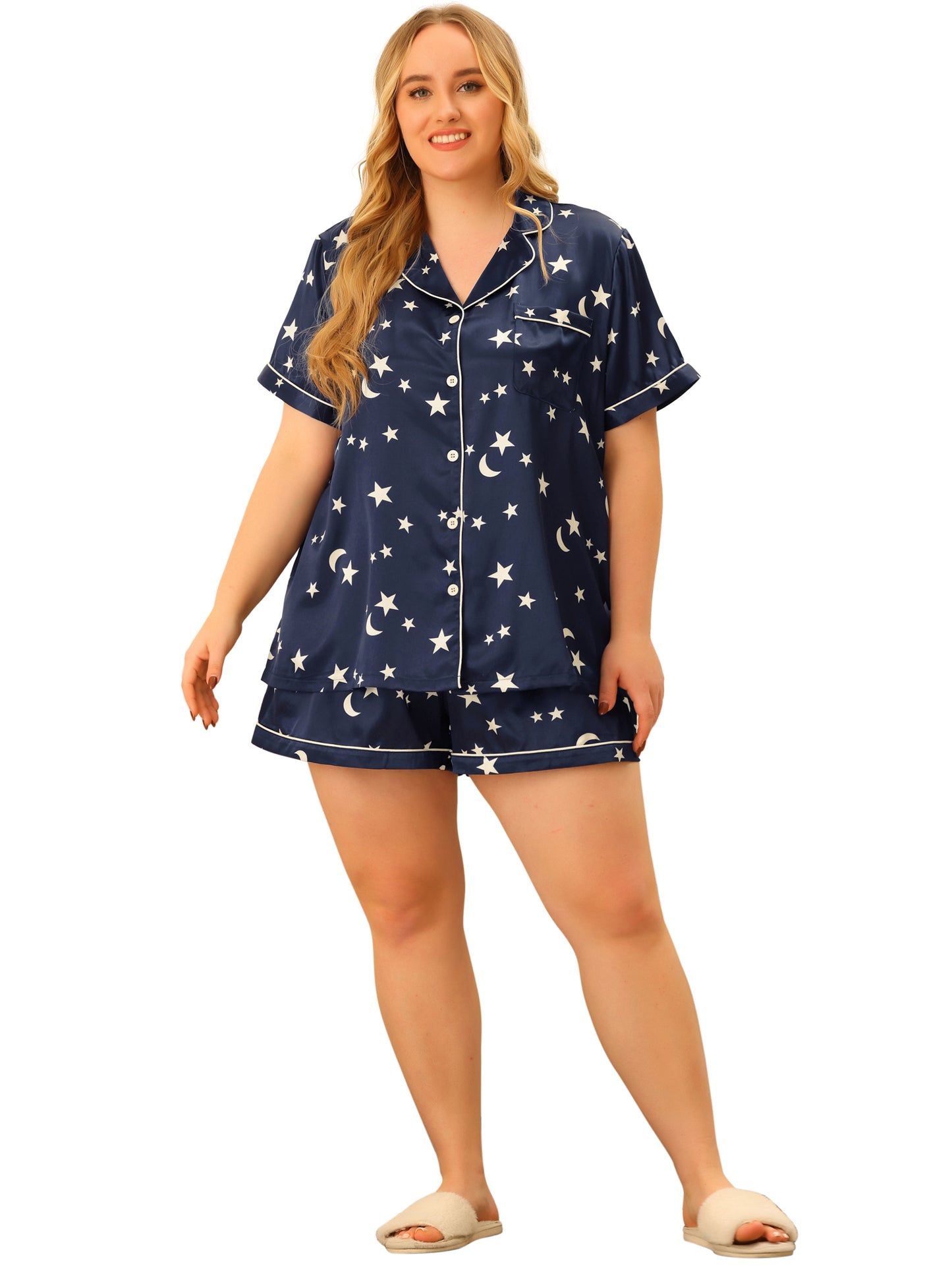 [PACK SALES] Women's Plus Size 2 Sets Short Sleeve Pajamas Set Single Breasted Stars Sleepwear