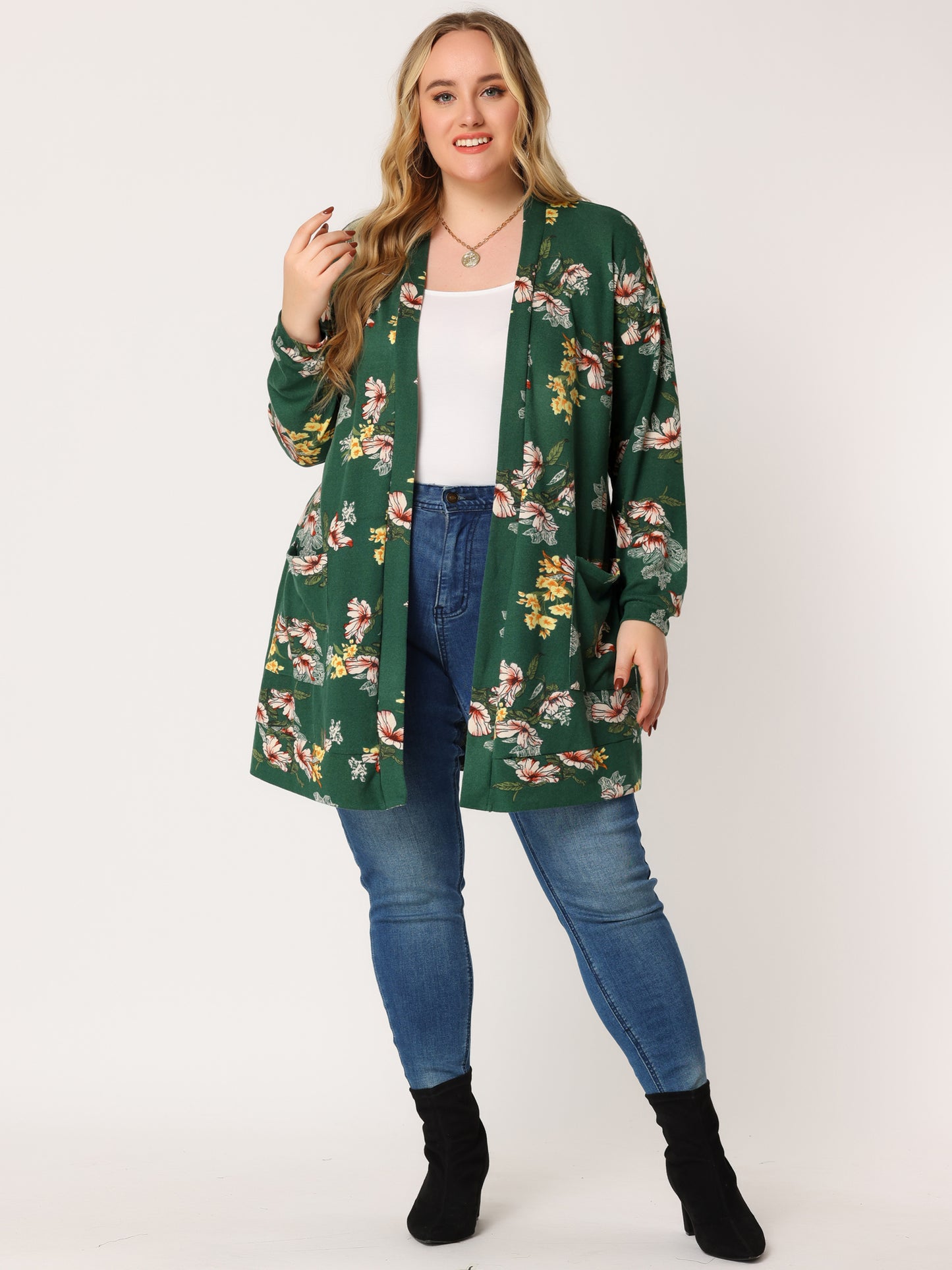 Women's Plus Size Lightweight Casual Long Sleeve Floral Knit Cardigans with Pockets
