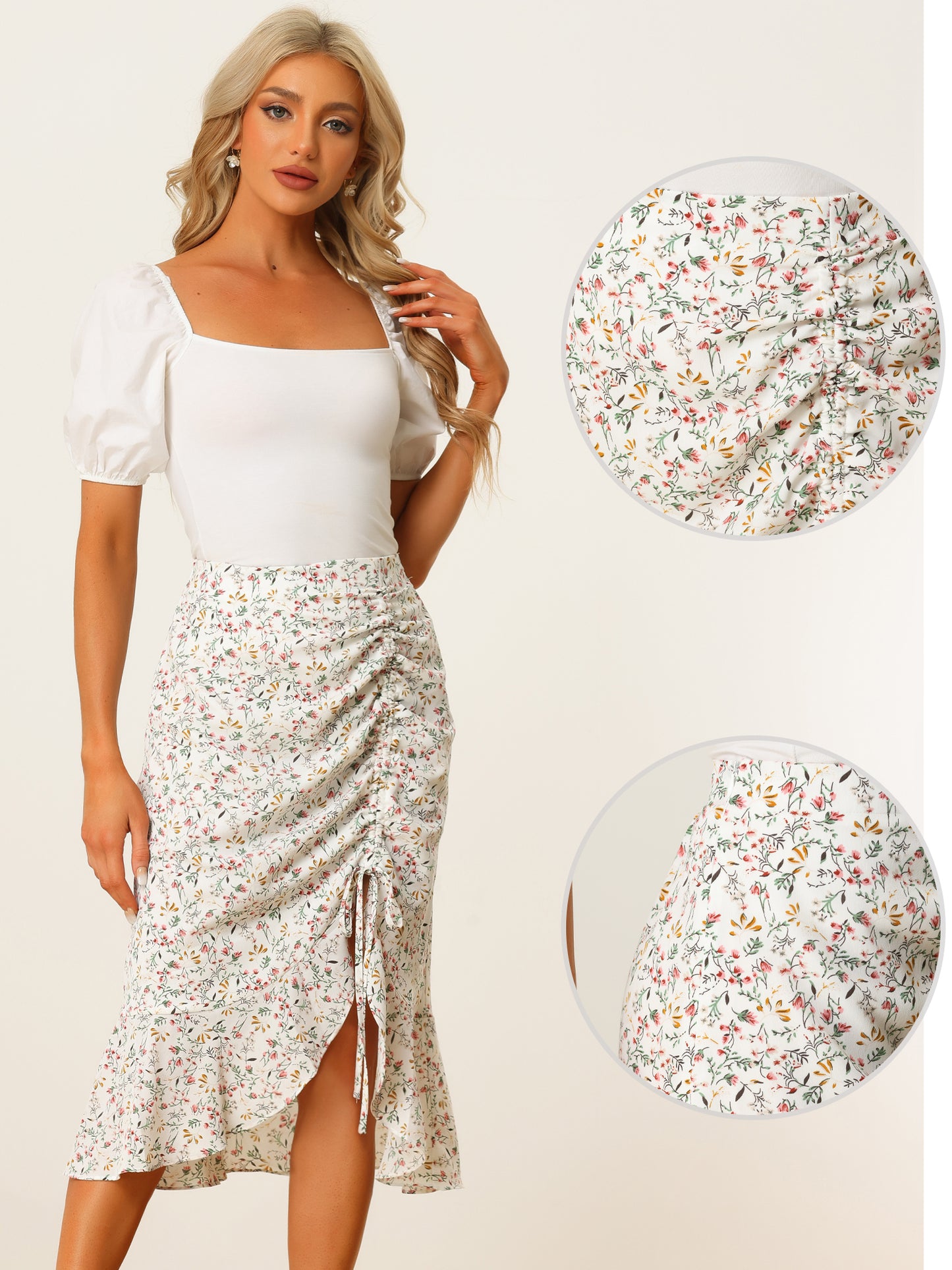 Women's Floral Midi Skirt Summer Casual Drawstring Side Ruffled Skirts