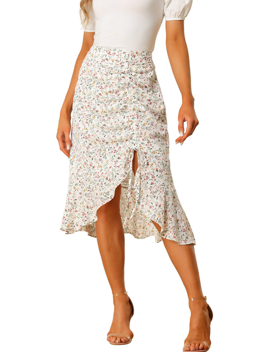 Women's Floral Midi Skirt Summer Casual Drawstring Side Ruffled Skirts
