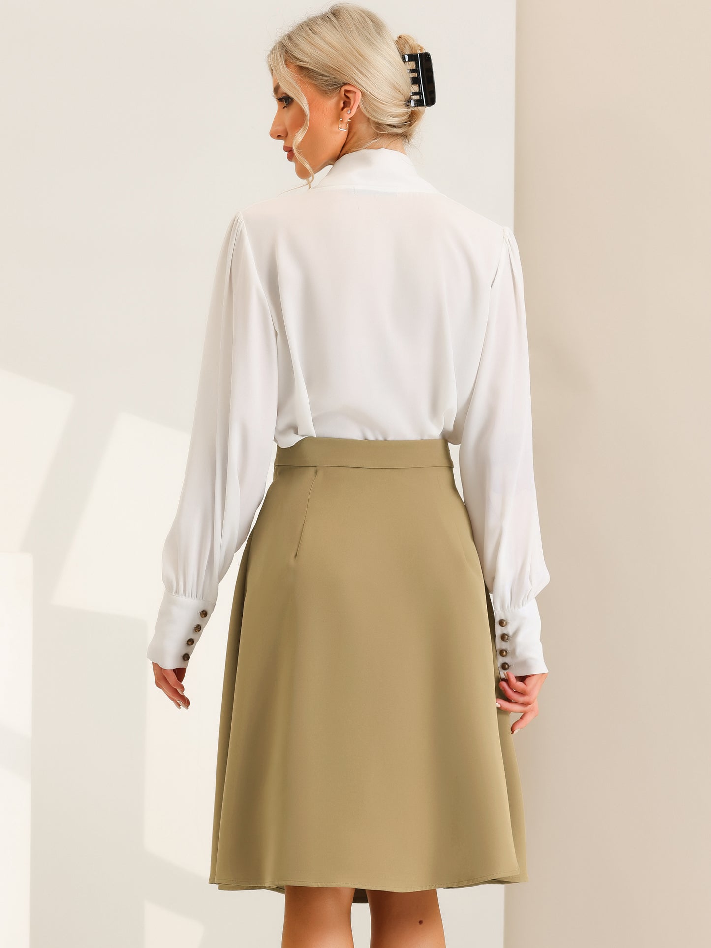 Falda plisada acampanada de cintura alta con botones para oficina informal para mujer