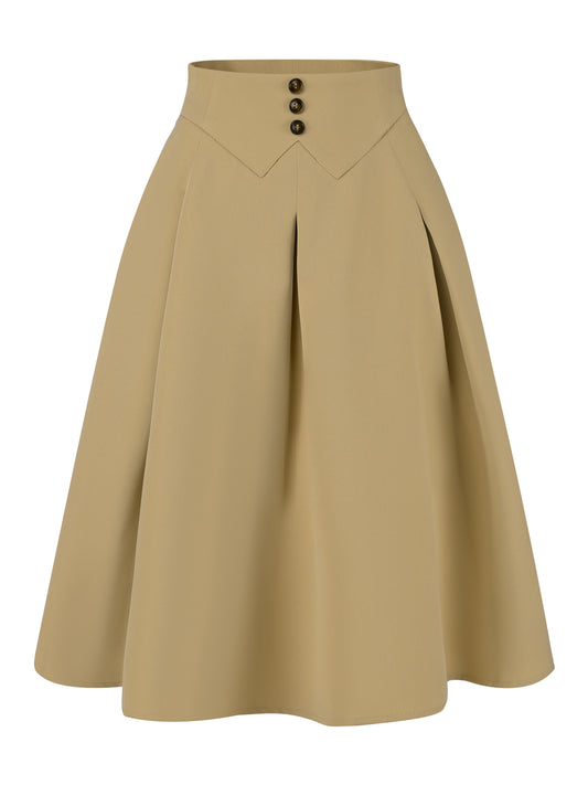 Women's Casual Office A-Line Skirt Button Decor High Waist Midi Flared Pleated Skirt