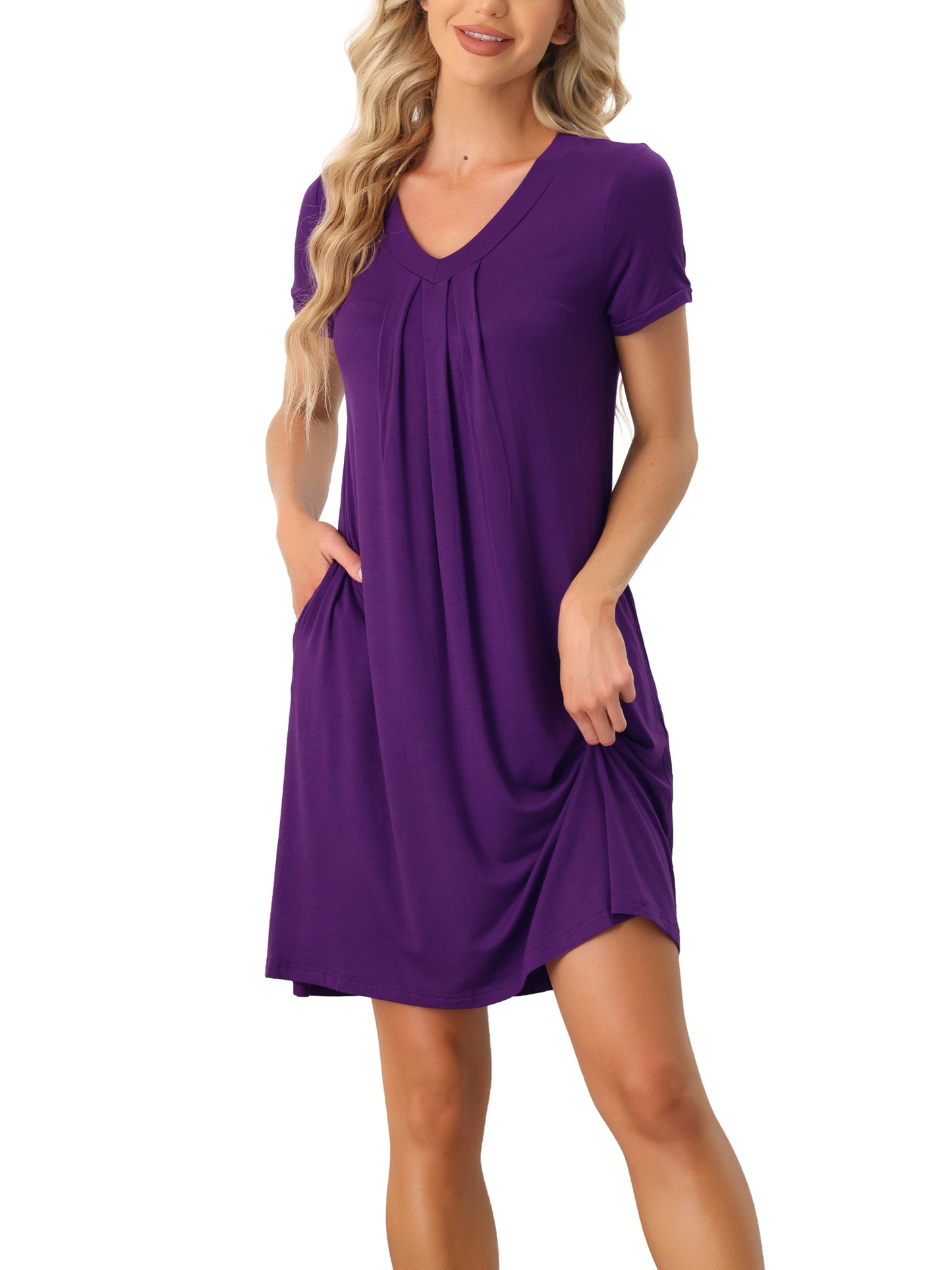 cheibear Pajama Dress Nightshirt Sleepwear V-Neck with Pockets Lounge Nightgown Dark Purple