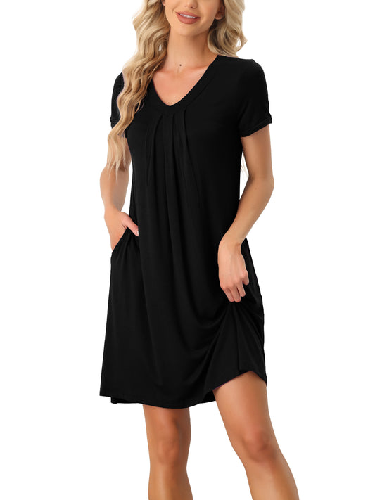 cheibear Pajama Dress Nightshirt Sleepwear V-Neck with Pockets Lounge Nightgown Dark Black