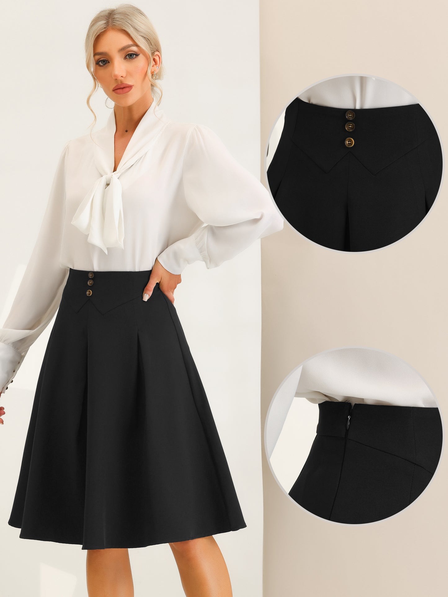 Women's Casual Office A-Line Skirt Button Decor High Waist Midi Flared Pleated Skirt