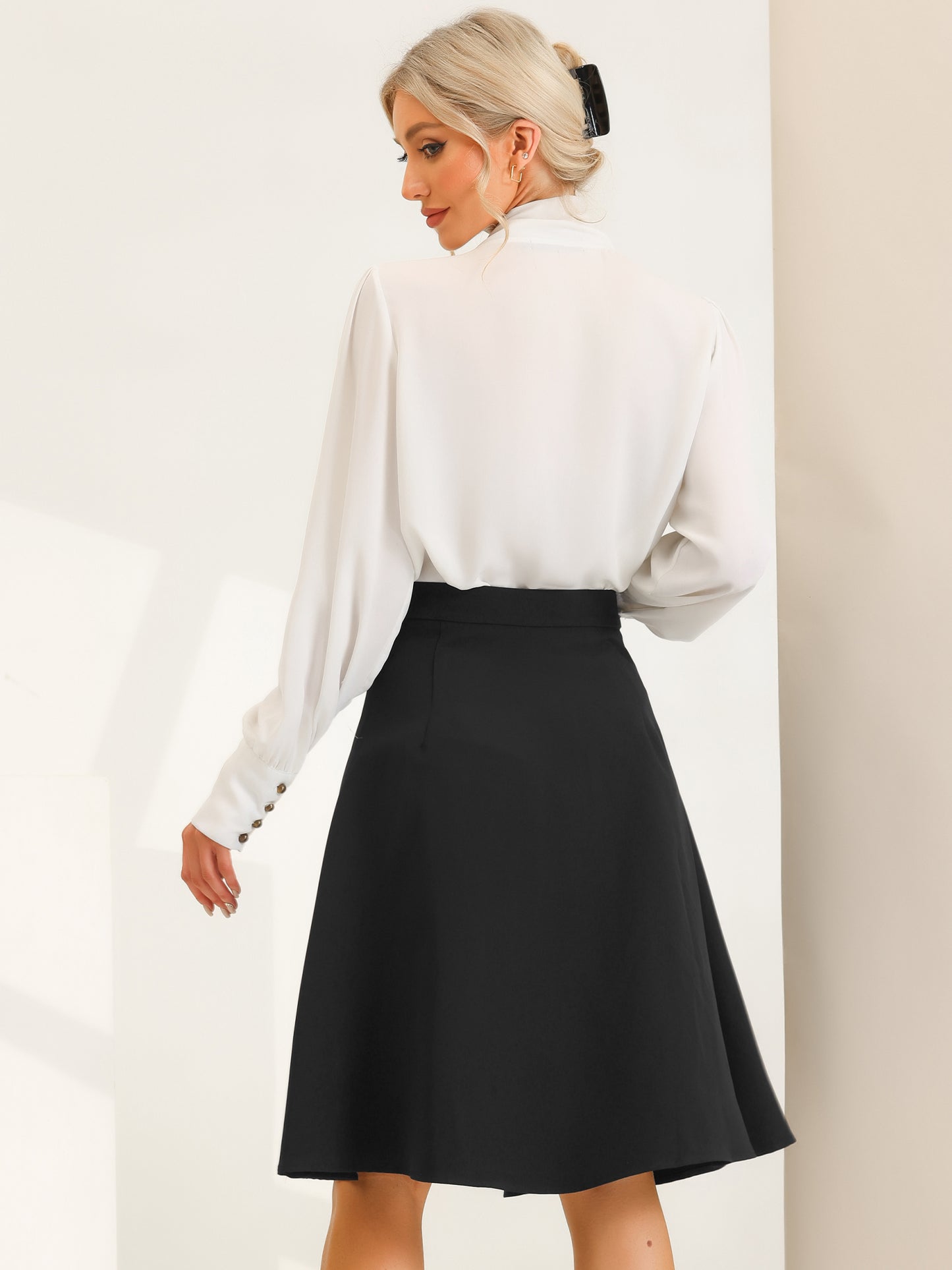 Women's Casual Office A-Line Skirt Button Decor High Waist Midi Flared Pleated Skirt