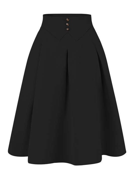Women's Casual Office A-Line Skirt Button Decor High Waist Midi Flared Pleated Skirt