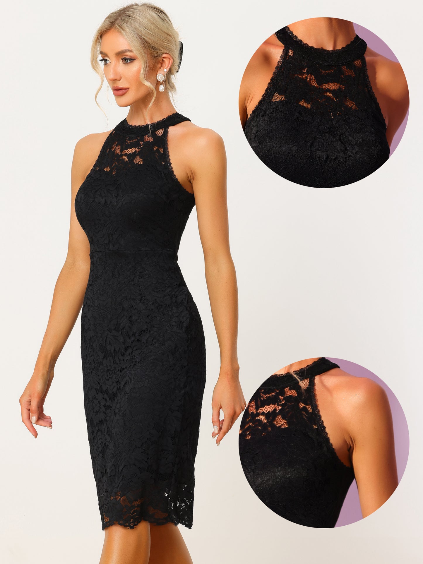 Women's Halter Formal Dress Sleeveless Bodycon Wedding Guest Cocktail Lace Sheath Dress