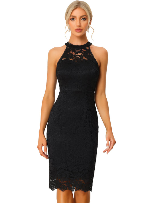 Women's Halter Formal Dress Sleeveless Bodycon Wedding Guest Cocktail Lace Sheath Dress