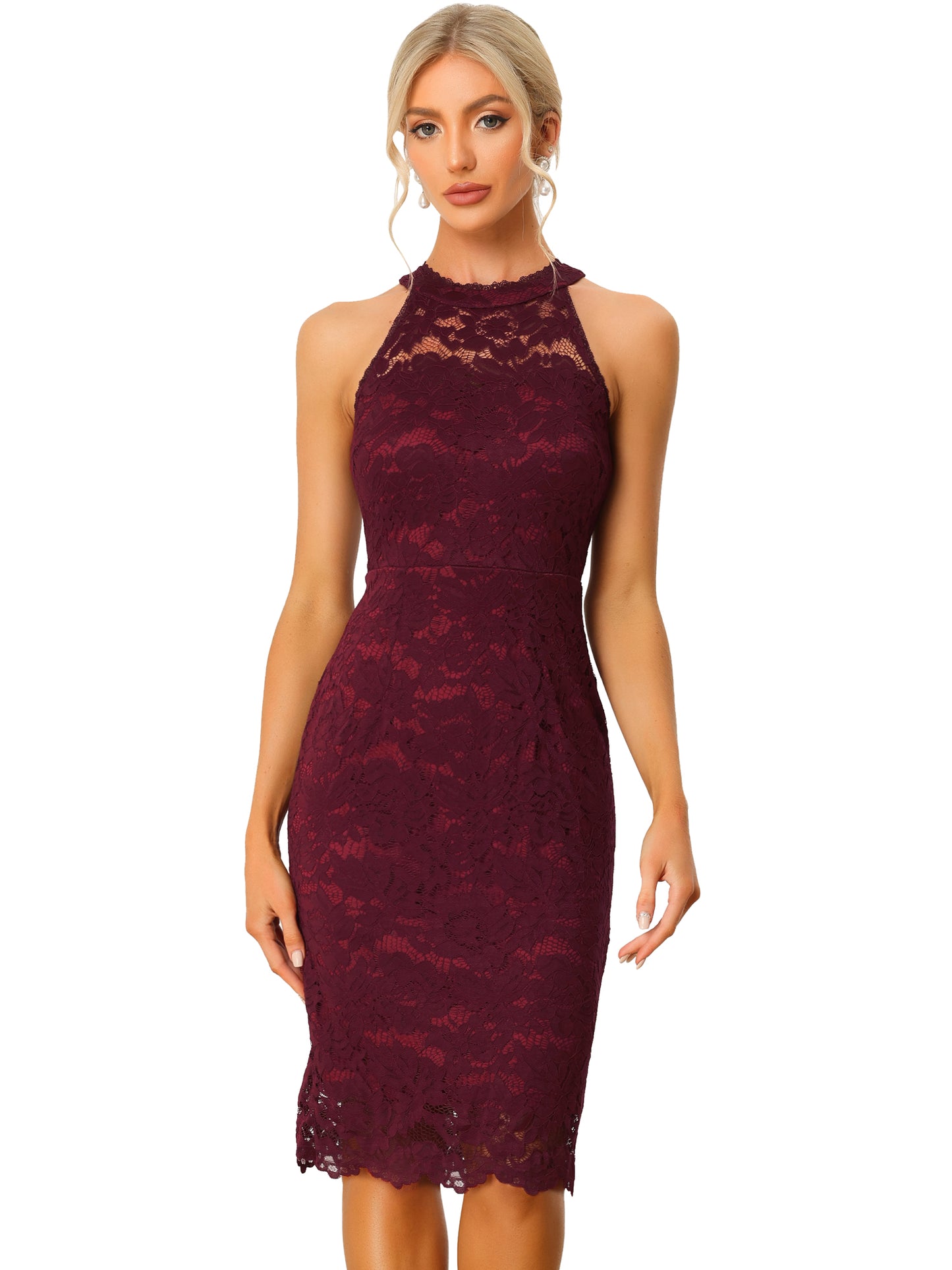 Women's Halter Formal Dress Sleeveless Bodycon Wedding Guest Cocktail Lace Sheath Dress