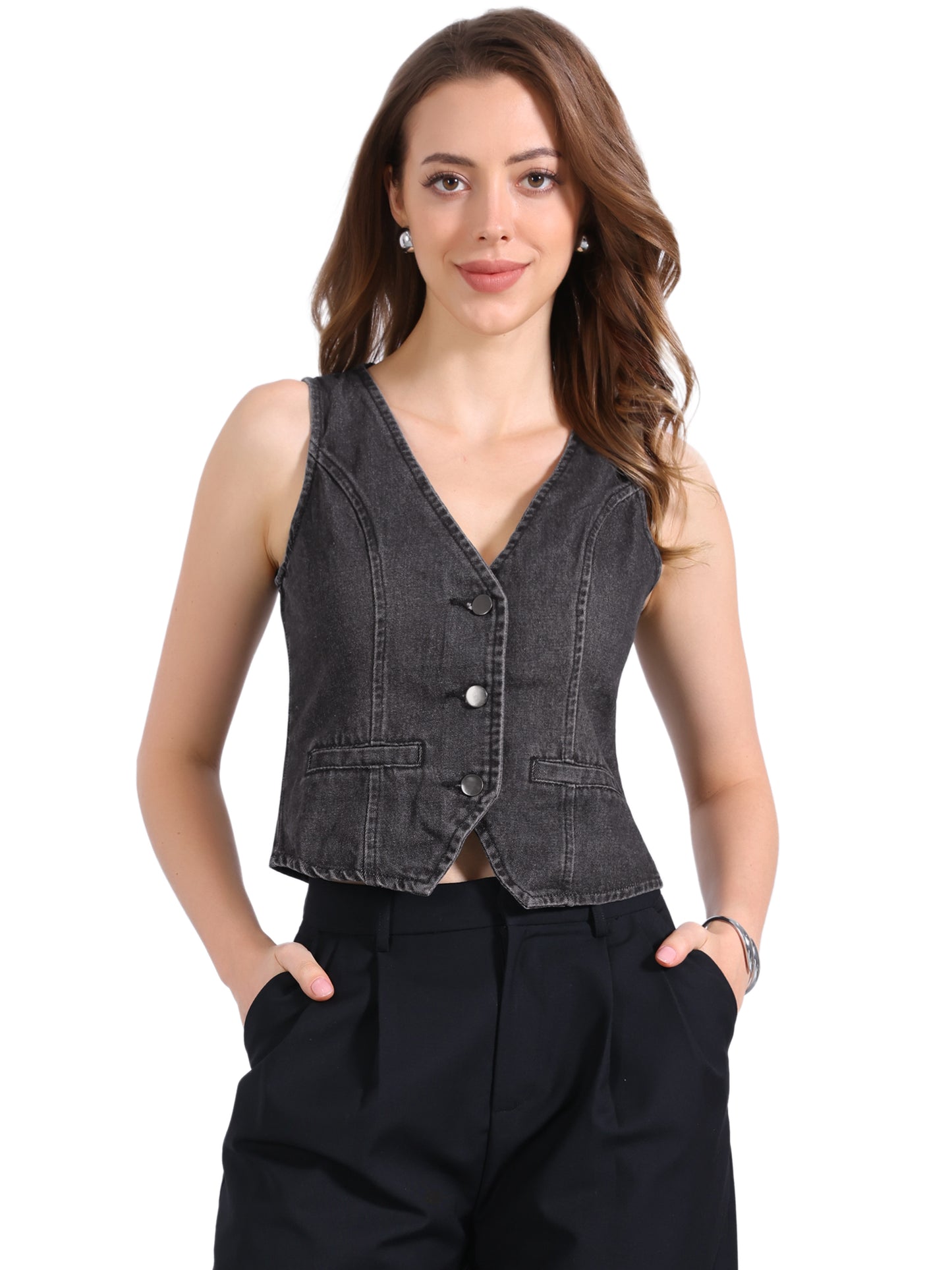 Women's Sleeveless V Neck Button Down Denim Waistcoat Vest (Available in Plus Size)