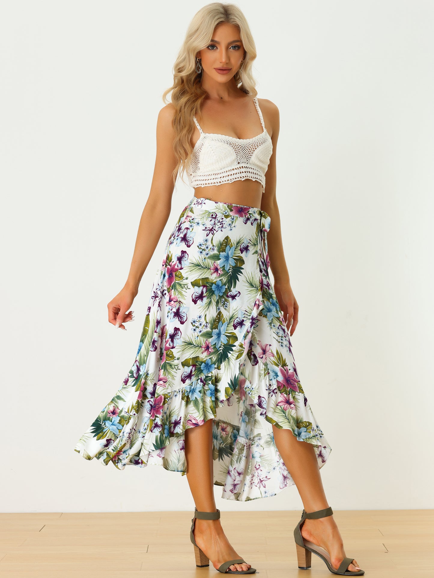 Women's Tropical Floral Print Ruffle Self Tie Knot Split Beach Wrap Skirt