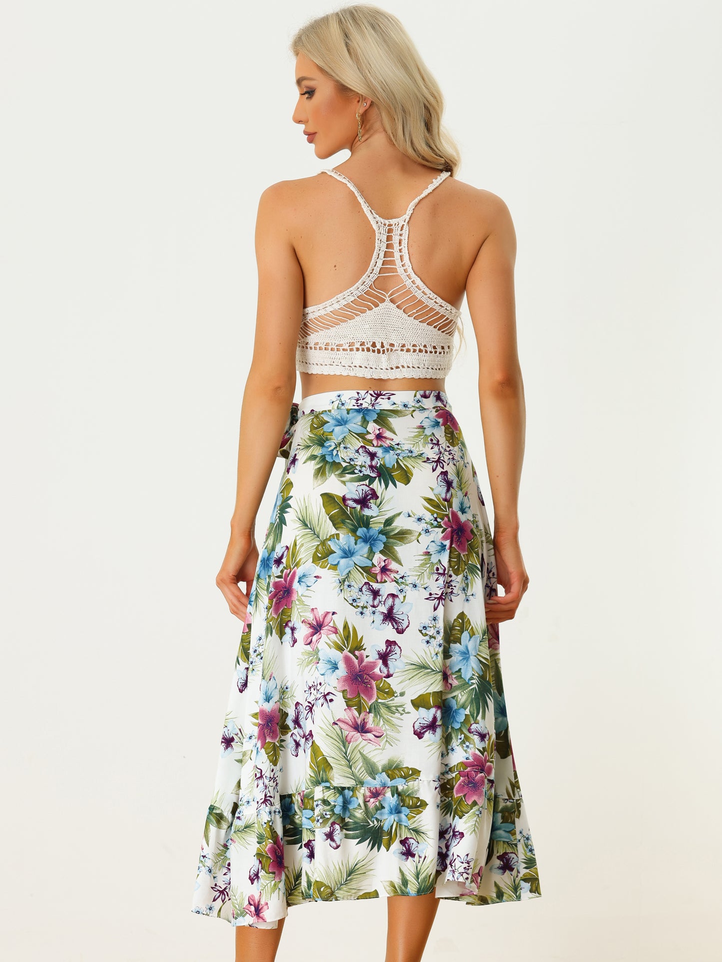 Women's Tropical Floral Print Ruffle Self Tie Knot Split Beach Wrap Skirt