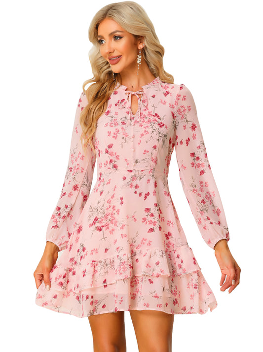 Women's Summer Dresses Floral Tie V Neck Semi Sheer Long Sleeve Layered Tiered Chiffon Mini Dress