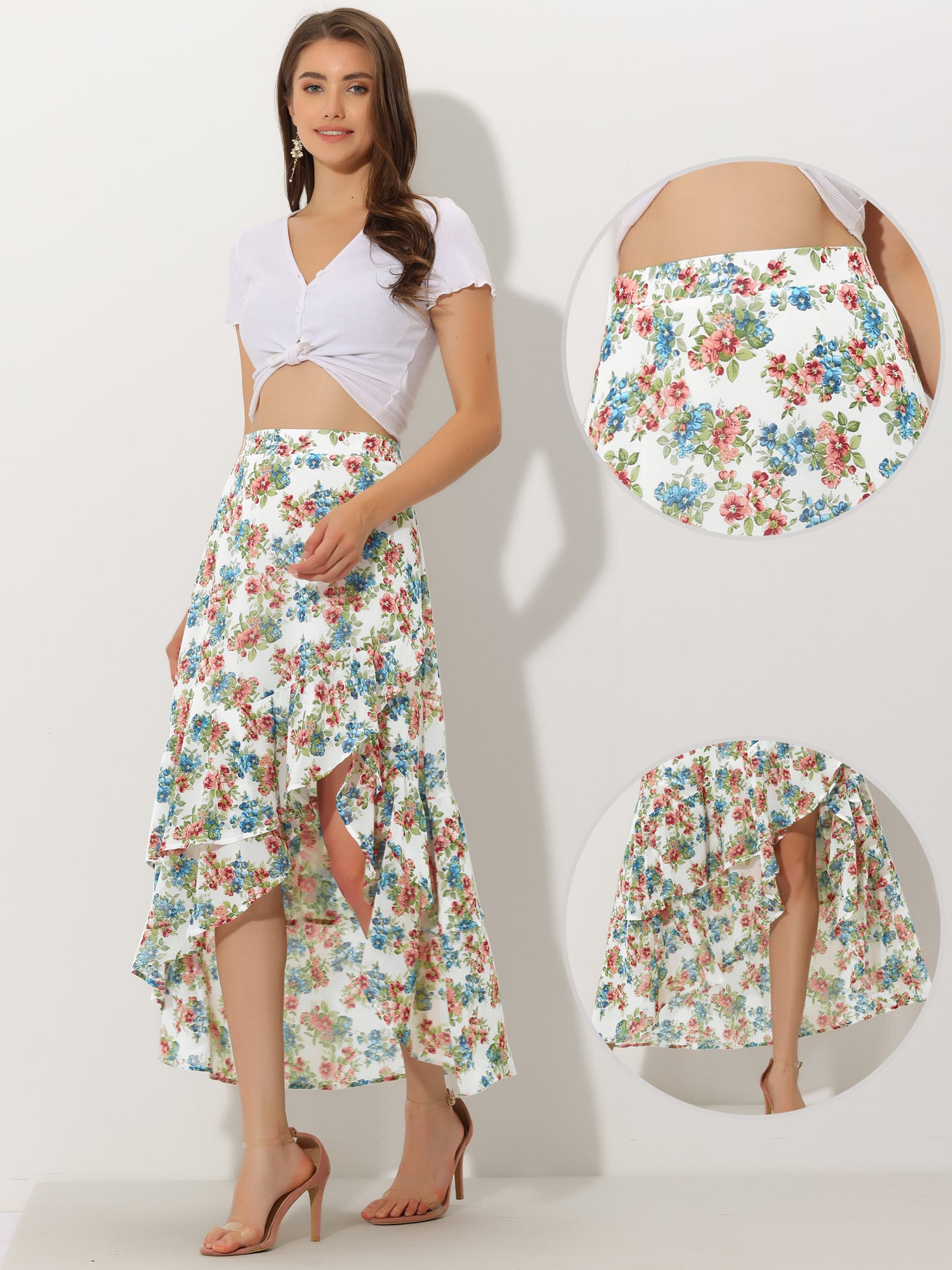 Women's Floral Ruffle Skirt Wrap Tiered Asymmetrical Chiffon Skirt