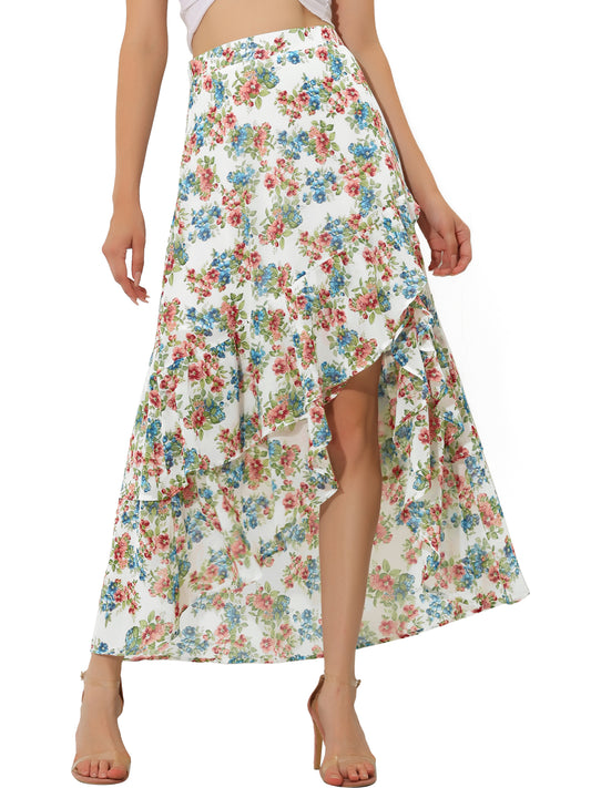 Women's Floral Ruffle Skirt Wrap Tiered Asymmetrical Chiffon Skirt
