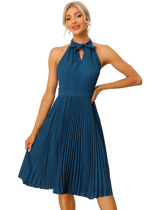 Women's Sleeveless Halter Neck Pleated Dress Summer Bow Tie Neck Party Cocktail Dresses
