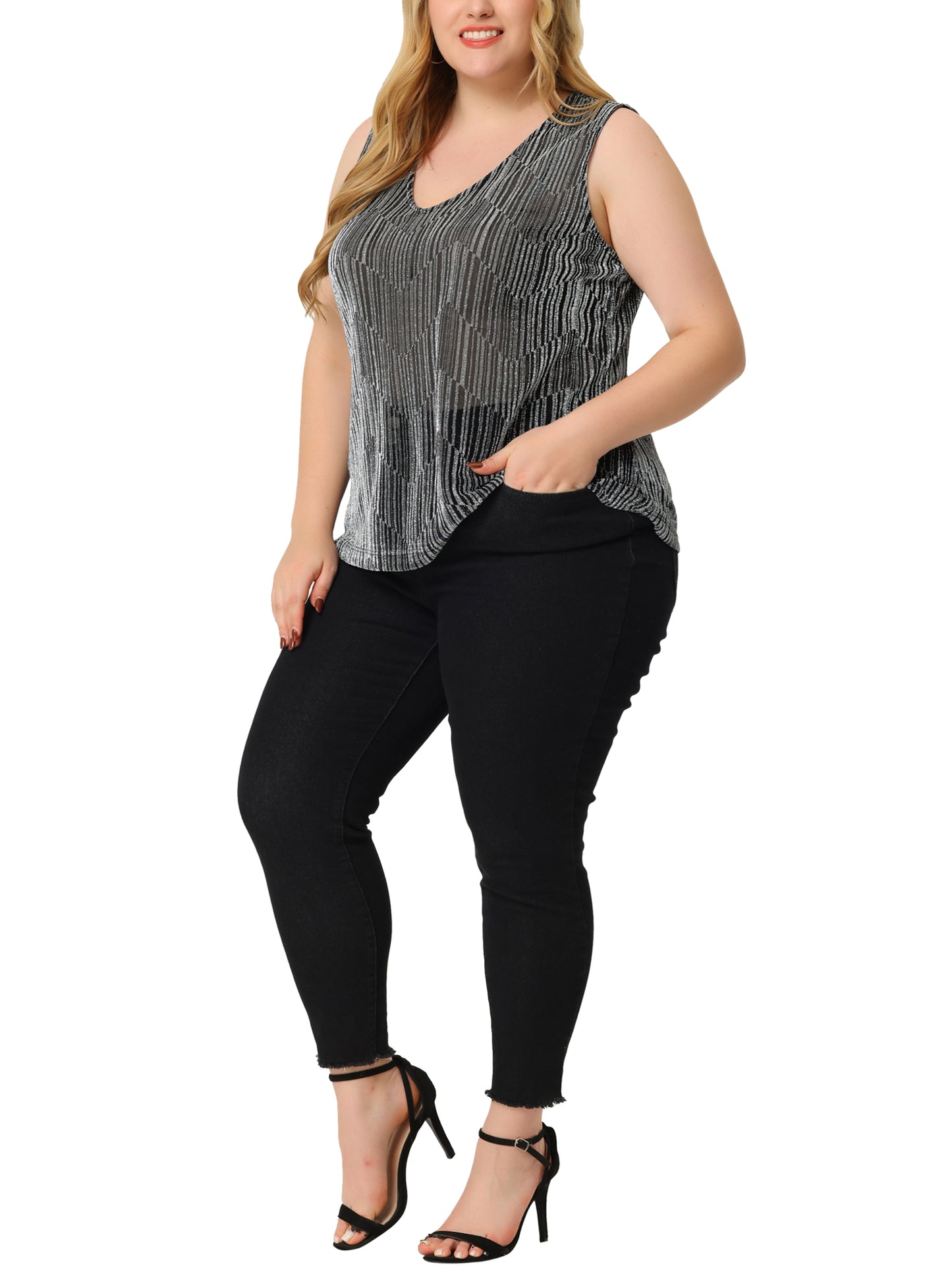 Women Plus Size Sequin Tops Sleeveless Glitter Glam Gradient Tank Vest