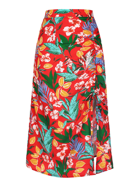 Women's Summer Beach Ruched Split Thigh Tropical Skirt