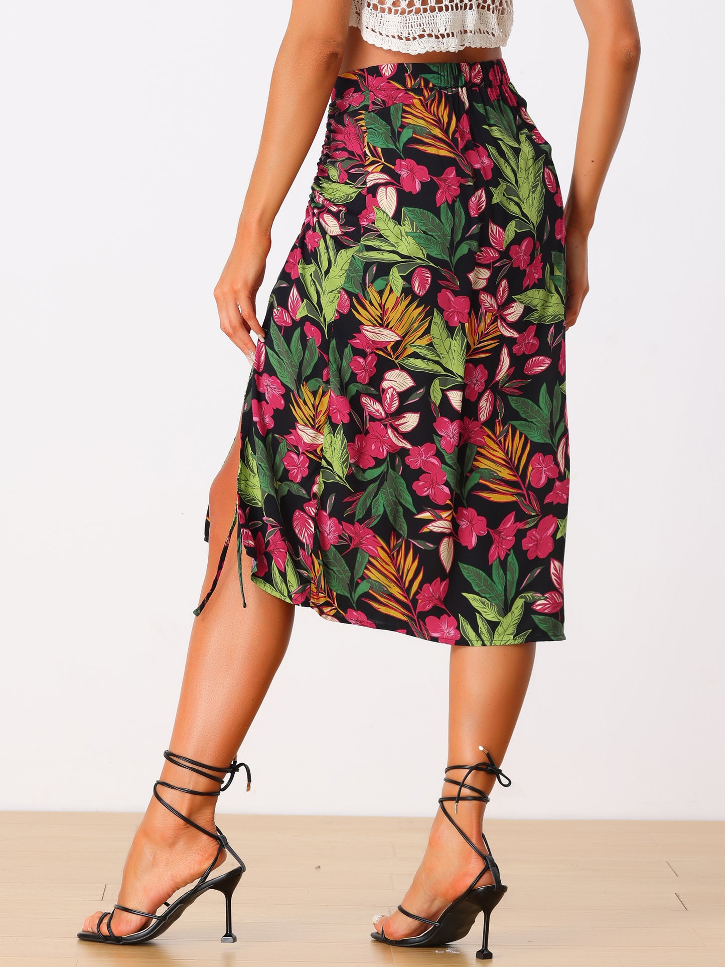 Women's Summer Beach Ruched Split Thigh Tropical Skirt
