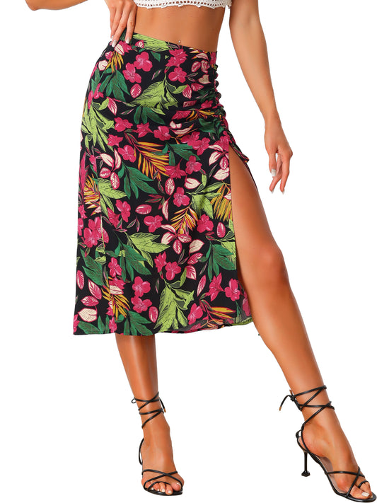 Women's Summer Beach Ruched Split Thigh Tropical Skirt