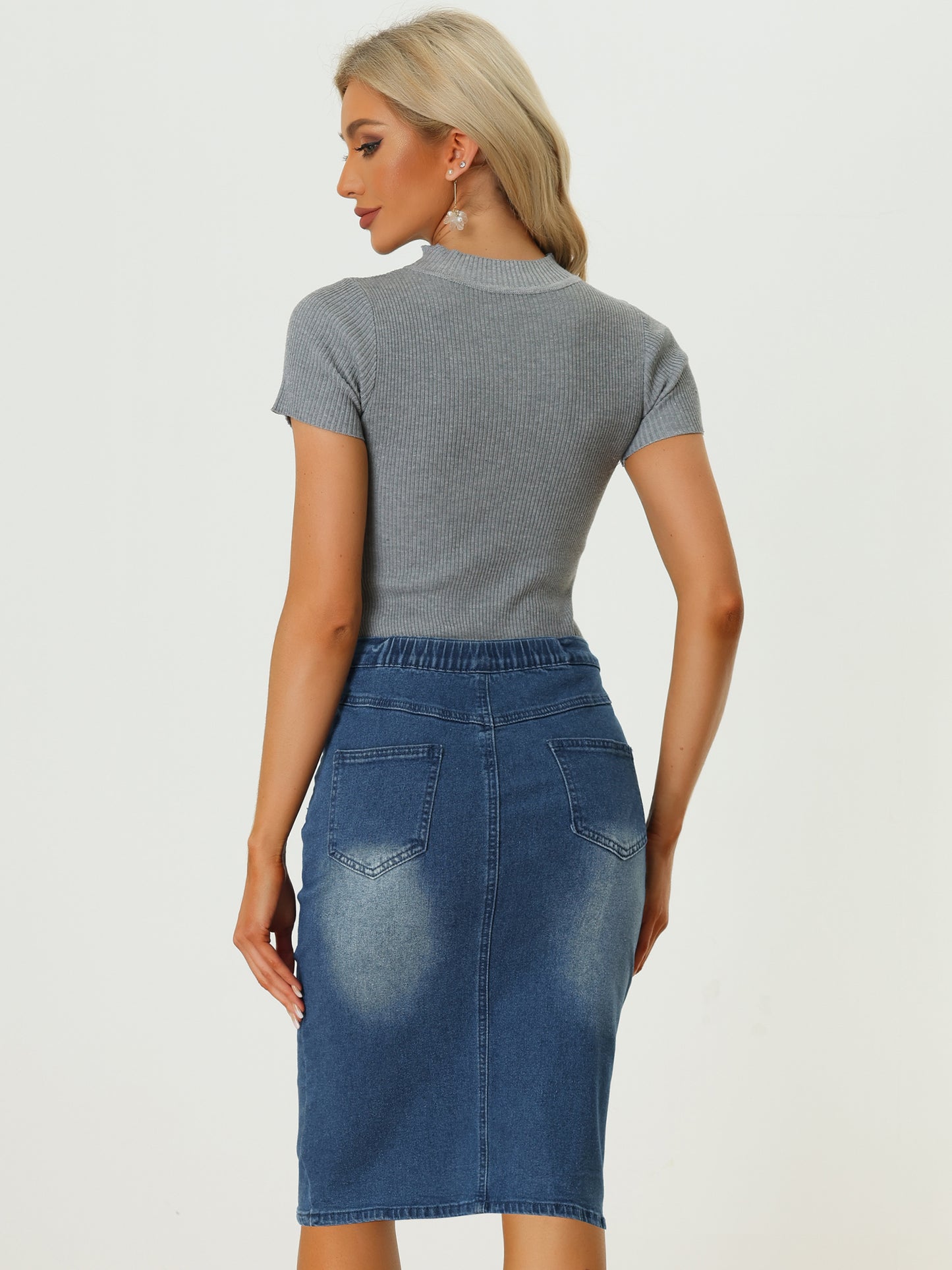 Women's Denim Skirt High Waist Slit Hem Stretch Bodycon Pencil Skirt Knee Length Jean Skirts