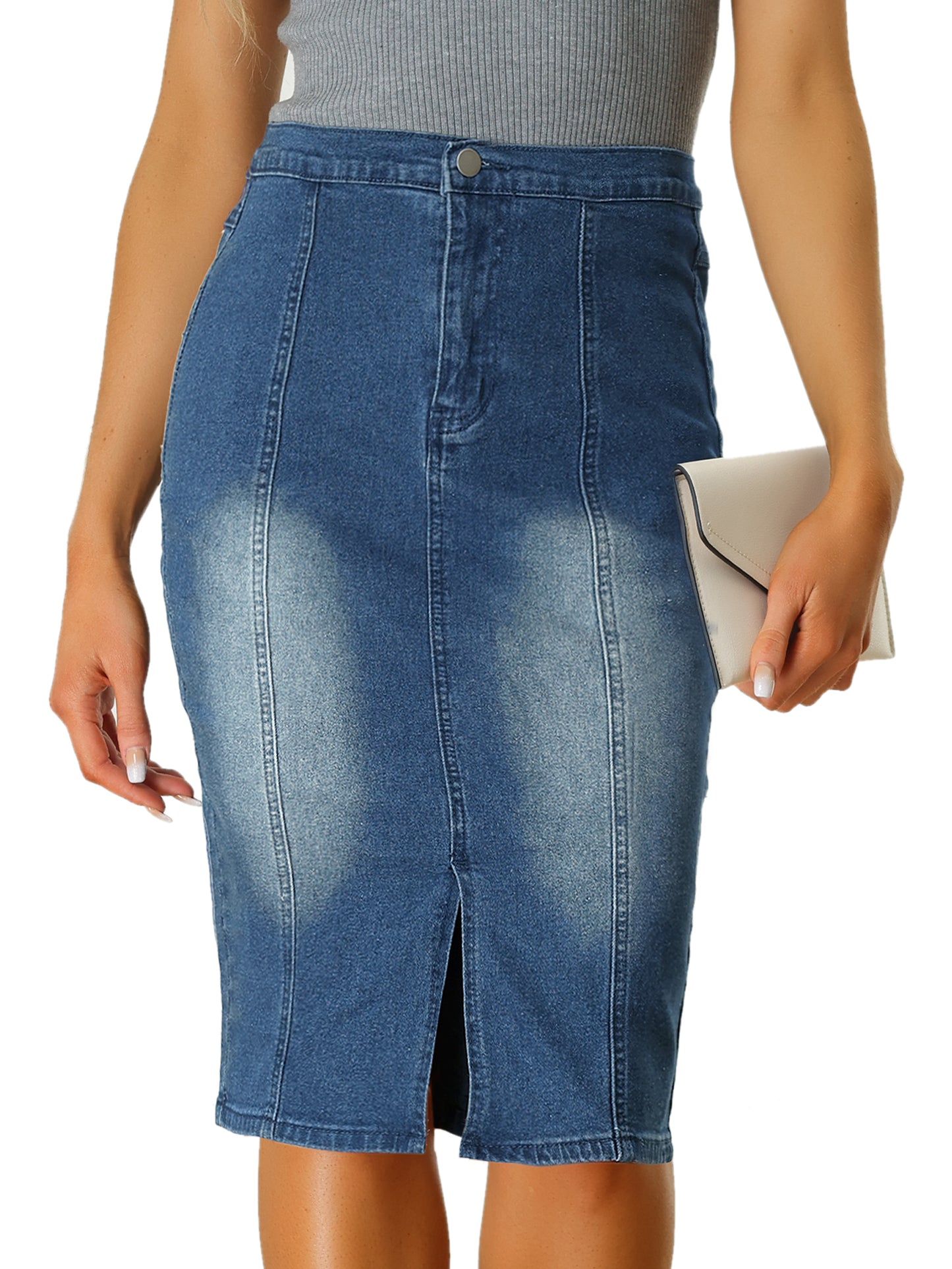Women's Denim Skirt High Waist Slit Hem Stretch Bodycon Pencil Skirt Knee Length Jean Skirts