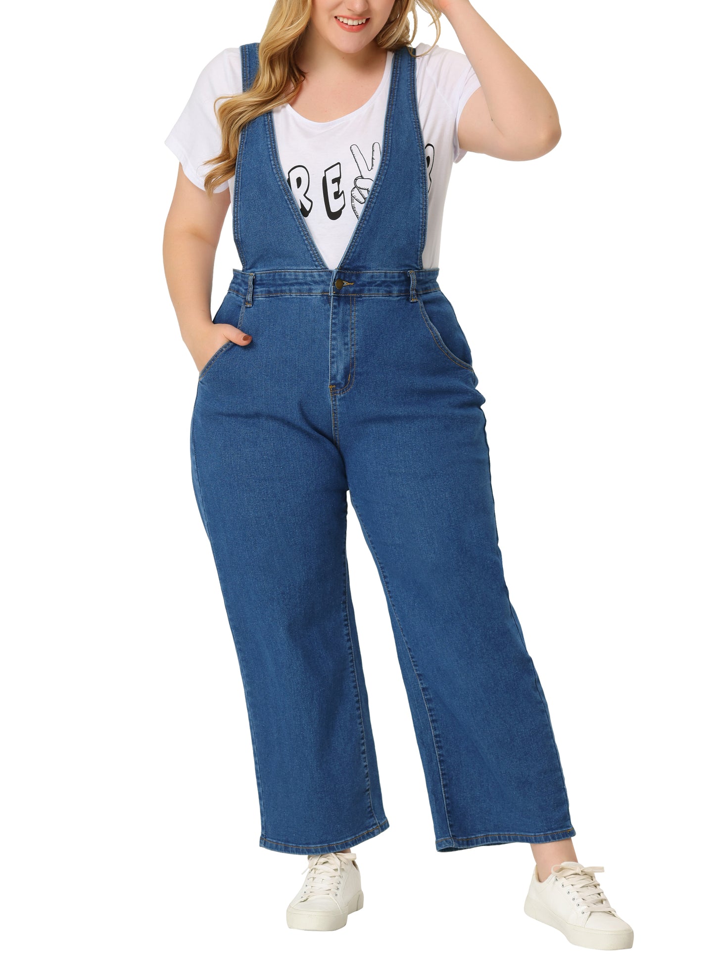 Women Plus Size Overalls Denim Pants V Neck Strap Chambray Pants