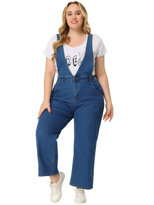 Women Plus Size Overalls Denim Pants V Neck Strap Chambray Pants