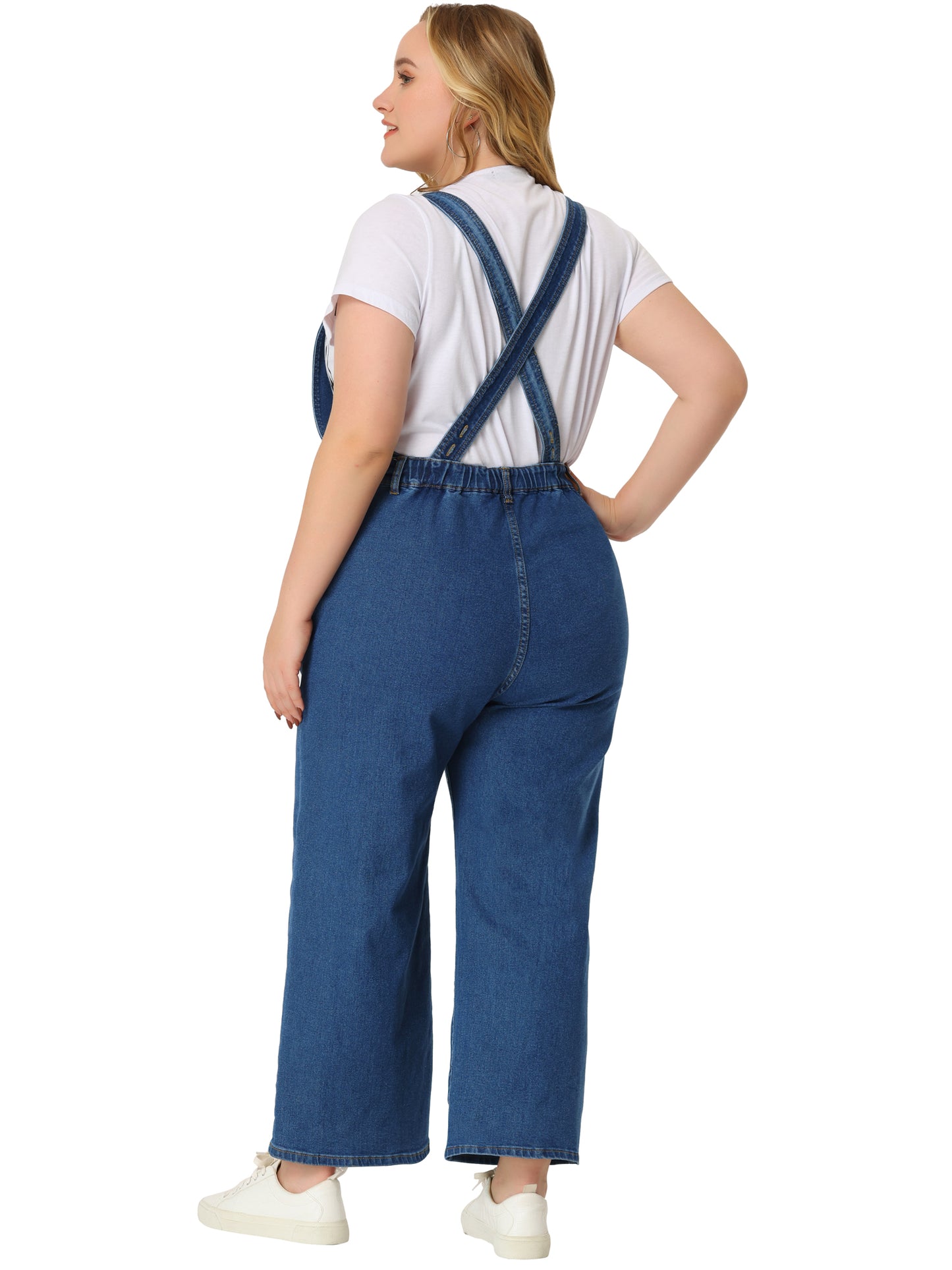 Women Plus Size Overalls Denim Pants V Neck Strap Chambray Pants