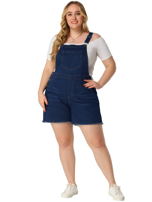 Women Plus Size Denim Overall Shorts Raw Hem Adjustable Strap Rompers with Pockets Bib Jeans Shortalls