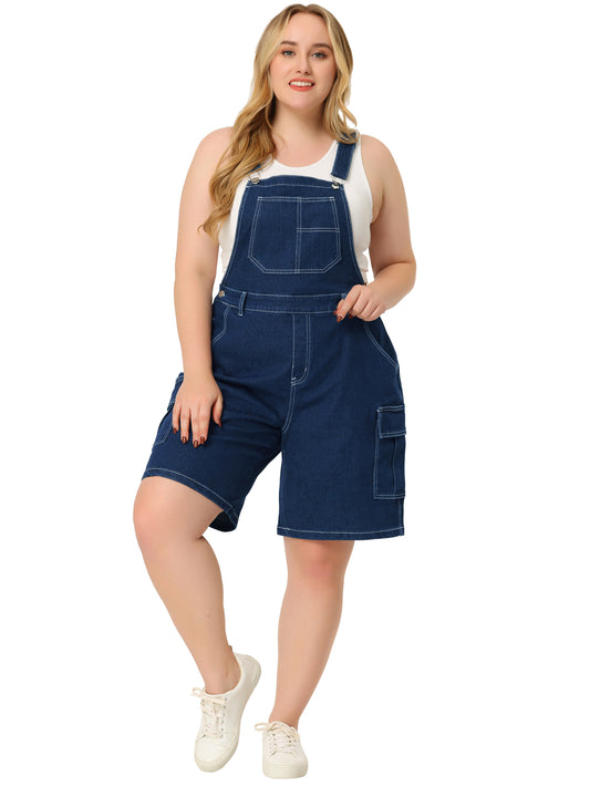 Women Plus Size Overall Shorts Jumpsuit Adjustable Strap Bib Cargo Pocket Jean Denim Overalls
