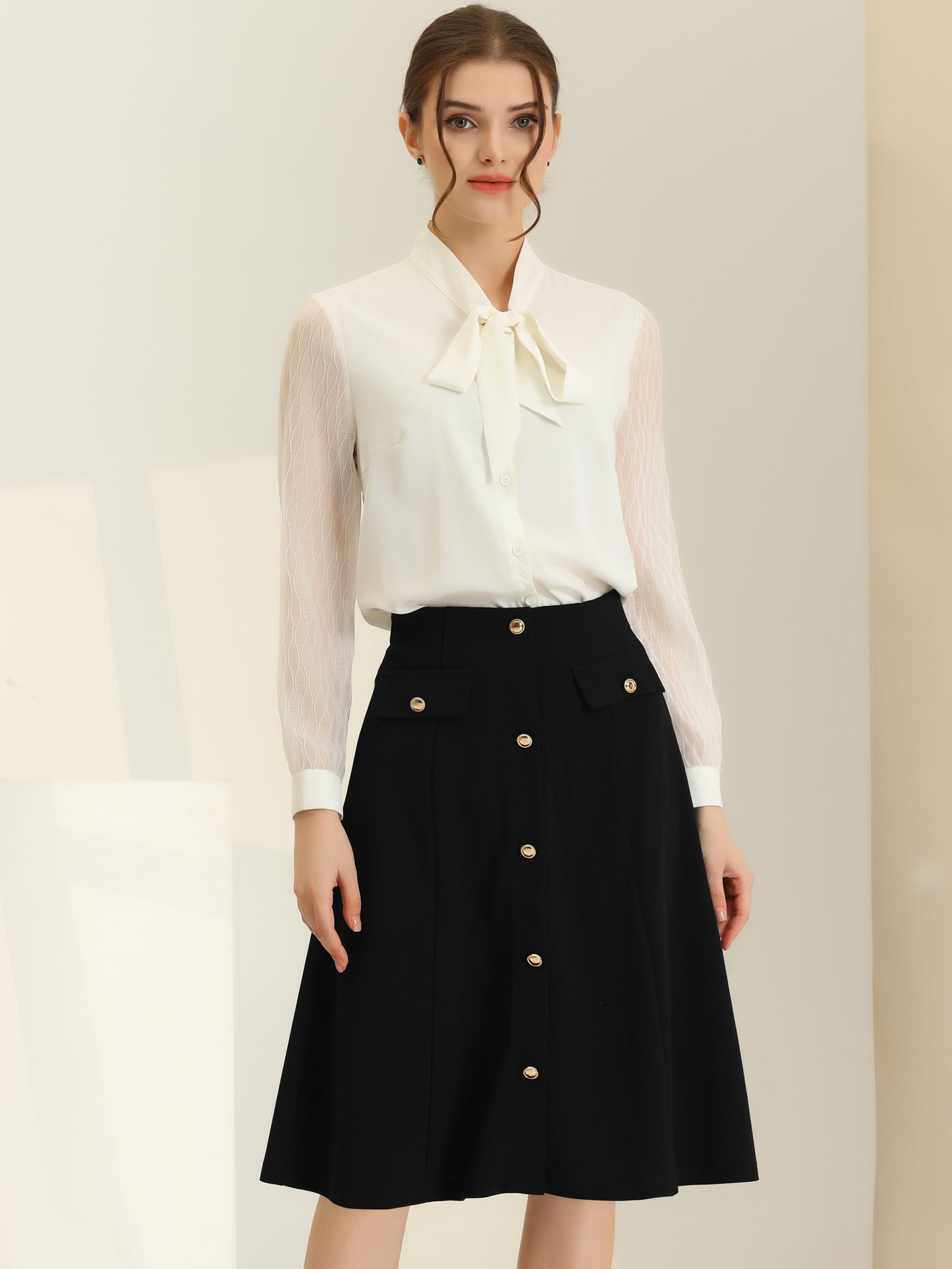 Women's A-Line Button Front Work Formal Knee Length Skirt