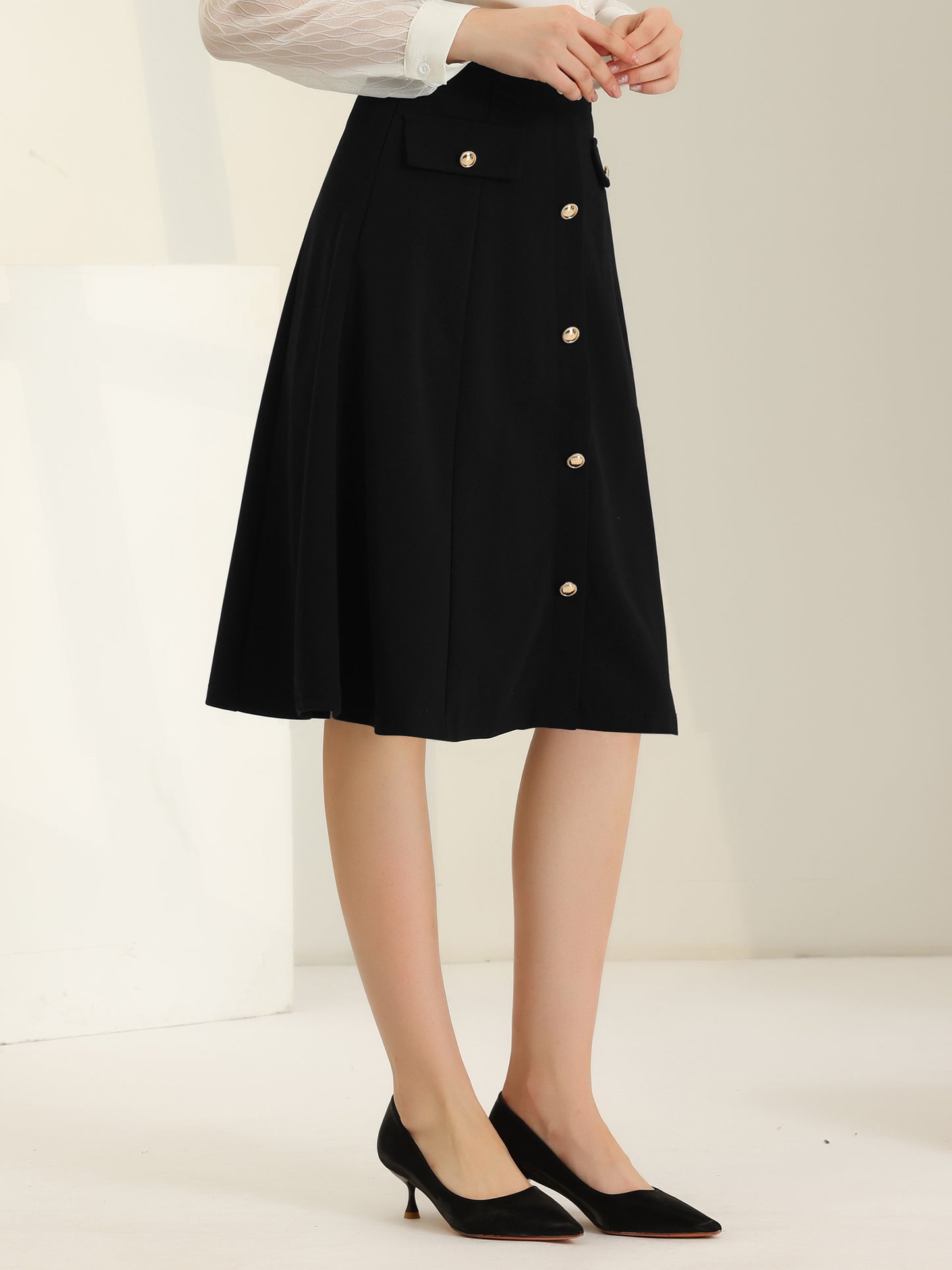 Women's A-Line Button Front Work Formal Knee Length Skirt